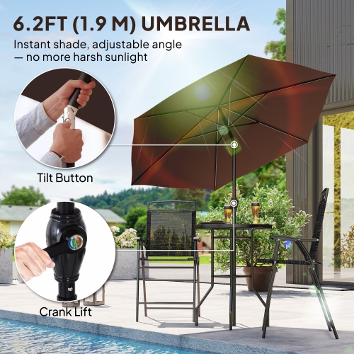 Outsunny 4 Piece Patio Bar Set, Sling Folding Outdoor Furniture with Brown Umbrella for Poolside, Backyard and Garden, Black