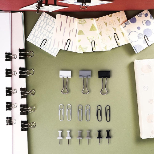 224pcs / Box Ensemble de papeterie 3-en-1 de punaises, trombones et trombones, comprend 90 punaises, 14 trombones, 120 trombones