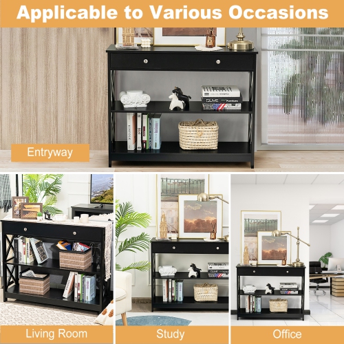 Table console à 3 niveaux et table d'entrée de canapé en X avec tiroir et tablettes de Costway