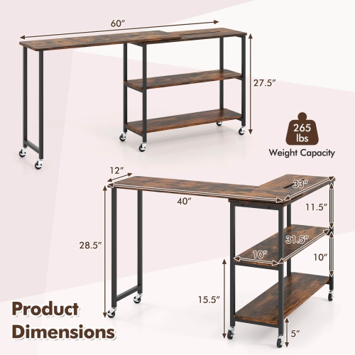Costway Large 360° Free Rotating Sofa Side Table with Wheels Storage Shelf Patented