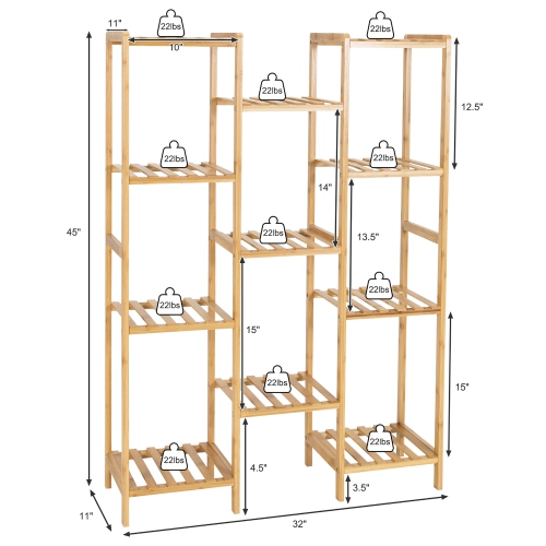 Costway Bamboo 11-Tier Plant Stand Utility Shelf Free Standing Storage Rack Pot Holder