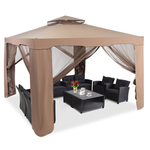 Image 1 de 10.. Tonnelle Pavillon de Jardin en Fer et Polyester, Tente de Réception avec Moustiquaire et Toiles Latérales Amovibles et Imperméables, Tente de Jardin