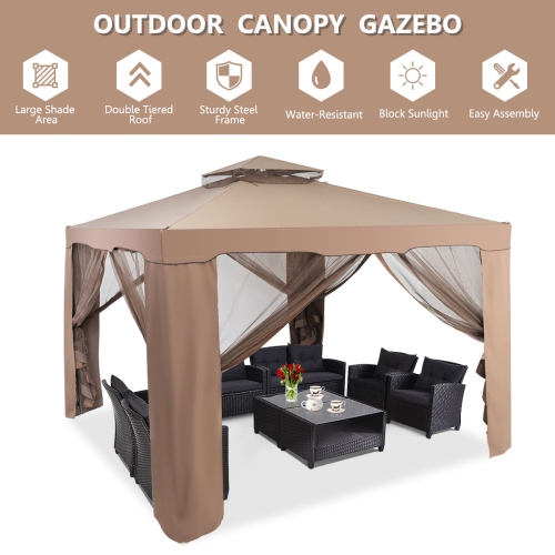 Costway 10'x 10'2-tier Canopy Gazebo Tent Outdoor Netting Picnic Party Sun Shade