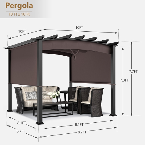 Costway 10 x 10ft Patio Pergola Gazebo Sun Shade Shelter W/Retractable Canopy
