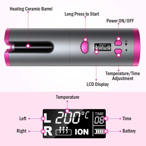 Cordless Hair Curler Automatic Curling Iron 6 Adjustable Ceramic Barrel USB Rechargeable