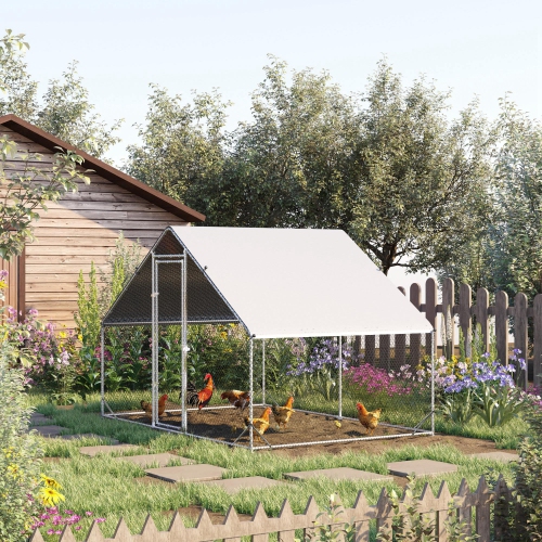 PawHut Metal Chicken Coop, Walk-in Large Chicken Run, Poultry Cage for 4-6 Hen, Duck, Rabbit with Water- and UV-Protection Cover, for Backyard,