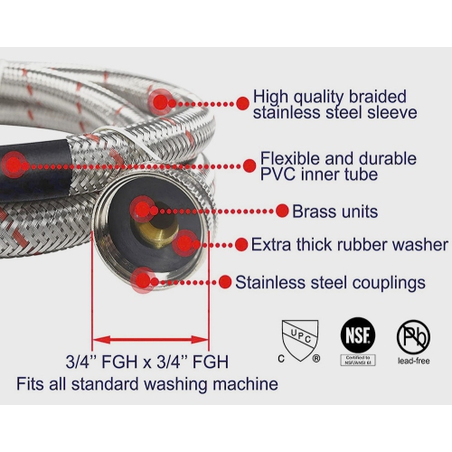 Tuyau flexible de machine à laver en acier inoxydable de 6 pieds avec  raccord NPT de 3/4 , tuyaux de lave-glace anti-éclatement (lot de 2) 