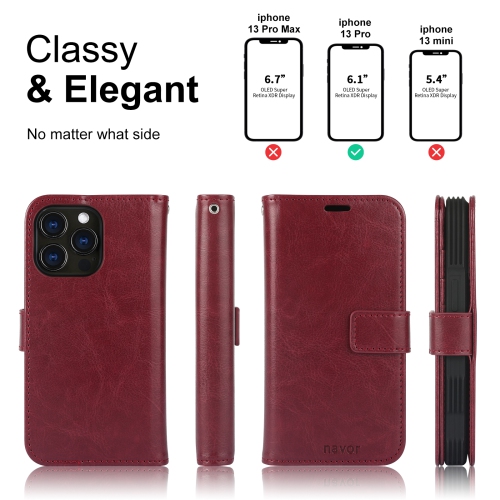 navor Detachable Magnetic Wallet Case with Wrist Strap Compatible with iPhone 13 Pro [6.1 inch] [Folio], RFID Protection Kickstand