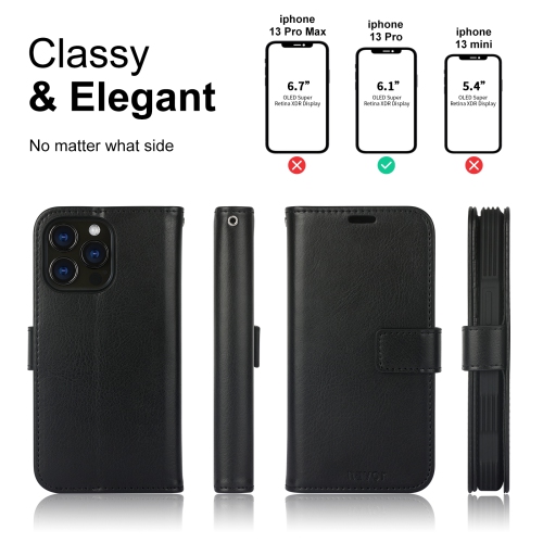 Navor – Étui-portefeuille magnétique amovible avec dragonne compatible avec iPhone 13 Pro [6.1 po] [folio], béquille RFID