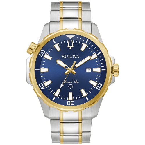 Bulova Mens Marine Star Quartz Watch 43mm Two-Tone Stainless Steel Case and Bracelet with Blue Dial