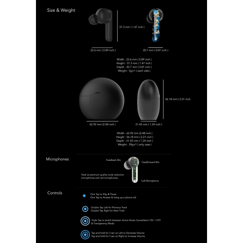 Kinera YH802 Wireless Bluetooth 5.0 Headphones with Hybrid ANC, IOS and Android Compatible, Custom 10mm Driver, Hand-Painted, Black