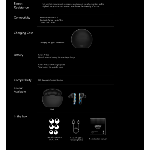 Kinera YH802 Wireless Bluetooth 5.0 Headphones with Hybrid ANC, IOS and Android Compatible, Custom 10mm Driver, Hand-Painted, Black