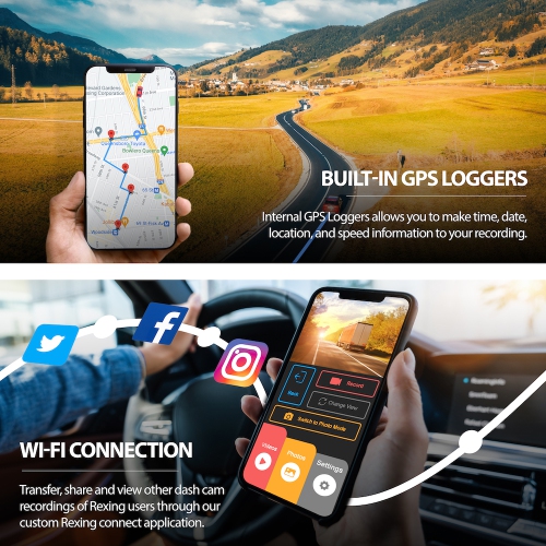 Rexing V1PGW-4K 2.4" LCD Dual Channel Car Dash Cam 2160p Avant + 1080p Arrière avec GPS intégré et Wi-Fi