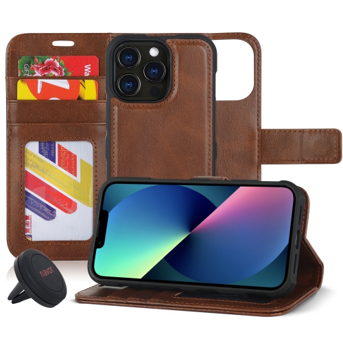 navor Universal Car Mount & Detachable Magnetic Wallet Case with Wrist Strap Compatible with iPhone 13 Pro [6.1 inch] [Folio], RFID Protection