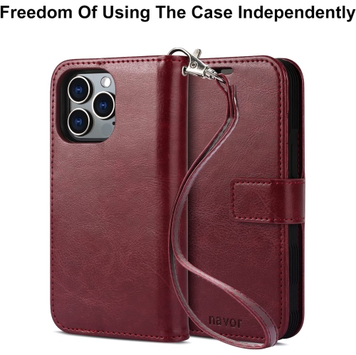 navor Universal Car Mount & Detachable Magnetic Wallet Case with Wrist Strap Compatible with iPhone 13 Pro [6.1 inch] [Folio], RFID Protection