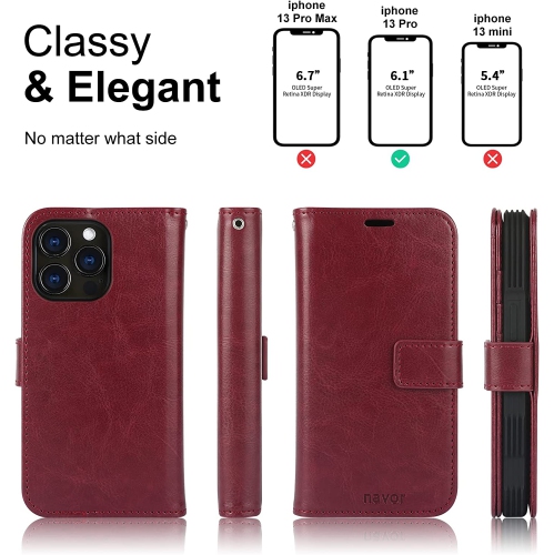 navor Universal Car Mount & Detachable Magnetic Wallet Case with Wrist Strap Compatible with iPhone 13 Pro [6.1 inch] [Folio], RFID Protection