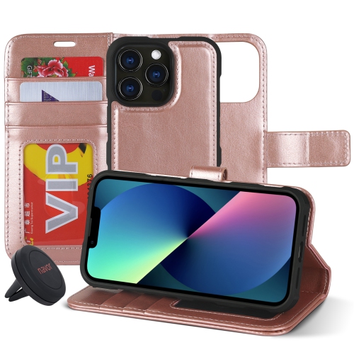 navor Universal Car Mount & Detachable Magnetic Wallet Case with Wrist Strap Compatible with iPhone 13 Pro [6.1 inch] [Folio], RFID Protection