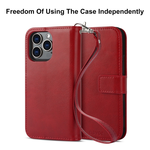 navor Universal Car Mount & Detachable Magnetic Wallet Case with Wrist Strap Compatible with iPhone 13 Pro [6.1 inch] [Folio], RFID Protection