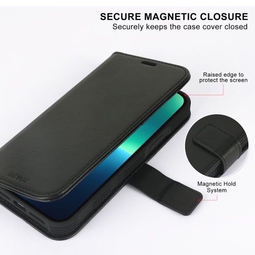 navor Detachable Magnetic Wallet Case with Wrist Strap Compatible with iPhone 13 Pro Max [6.7 inch] [Folio], RFID Protection Kickstand -Black