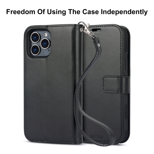 navor Detachable Magnetic Wallet Case with Wrist Strap Compatible with iPhone 13 Pro Max [6.7 inch] [Folio], RFID Protection Kickstand -Black