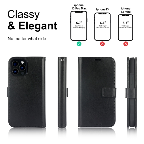 navor Detachable Magnetic Wallet Case with Wrist Strap Compatible with iPhone 13 Pro Max [6.7 inch] [Folio], RFID Protection Kickstand -Black