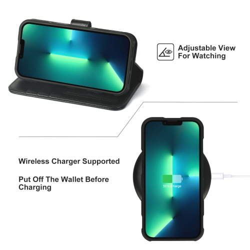 navor Detachable Magnetic Wallet Case with Wrist Strap Compatible with iPhone 13 Pro Max [6.7 inch] [Folio], RFID Protection Kickstand -Black