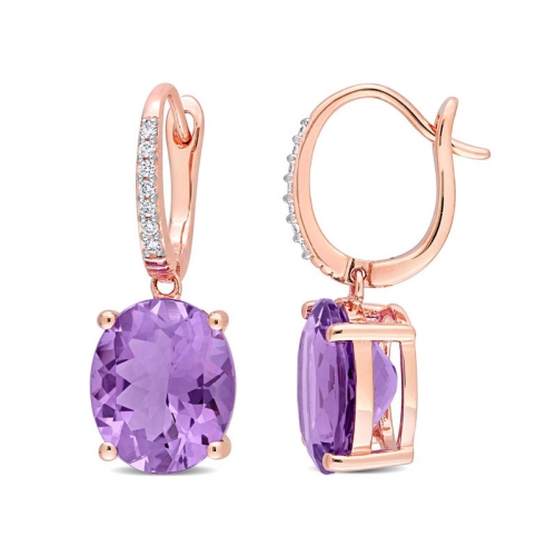 7.40 Carat (ctw) Amethyst Drop Leverback Earrings in 14K Rose Pink Gold with Diamonds