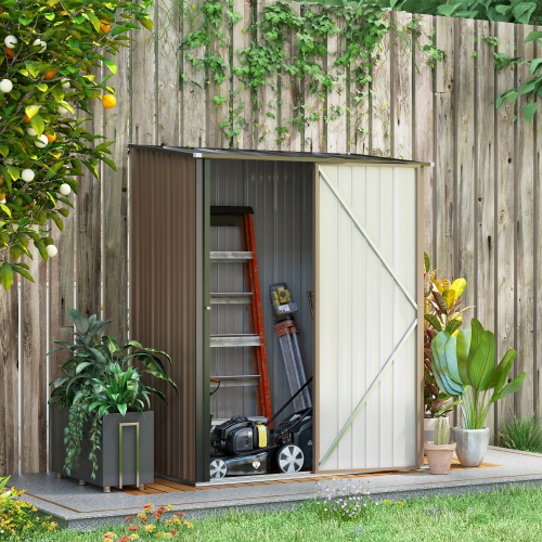 Outsunny 5' x 3' Outdoor Storage Shed, Steel Garden Shed with Single Lockable Door and Gloves, Tool Storage House for Backyard, Patio, Lawn, Brown