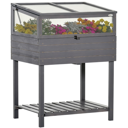 Outsunny Raised Garden Bed with Cold Frame Greenhouse, Grow Grids and Storage Shelf, Outdoor 2 Tiers Elevated Wood Planter Box for Herbs and Vegetabl