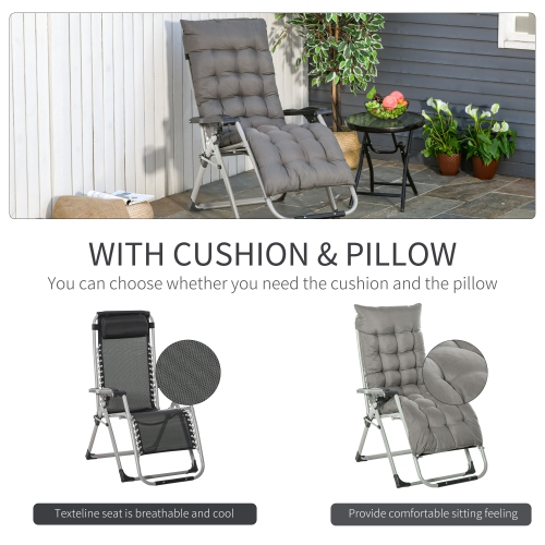 Outsunny Reclining Zero Gravity Chair with Adjustable Backrest, Folding Garden Sun Lounger with Removable Cushion and Headrest, Dark Grey