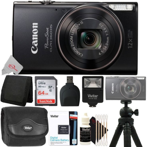Canon PowerShot IXUS 285 / Elph 360 Digital Camera + 64GB Memory Card + Wallet + Reader + Slave Flash + Extra Battery + Case + Vivitar 42" Fold Able Travel Tripod + Cleaning Kit