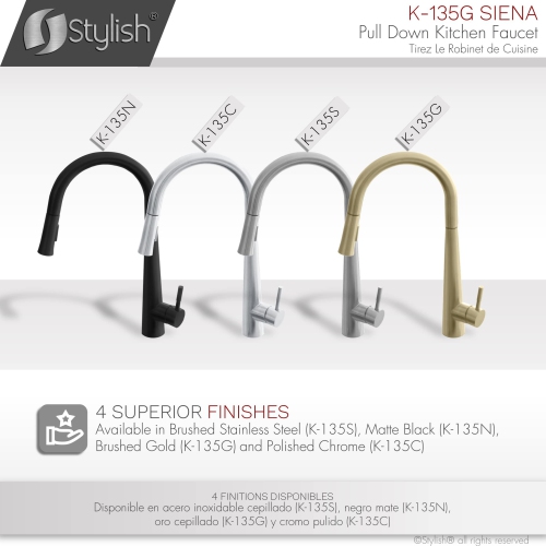 Stylish Single Handle Brushed Gold Pull Down Kitchen Faucet K-135G