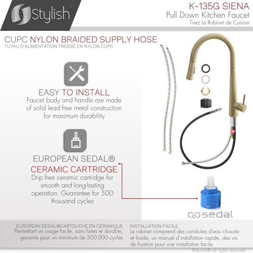 Stylish Single Handle Brushed Gold Pull Down Kitchen Faucet K-135G