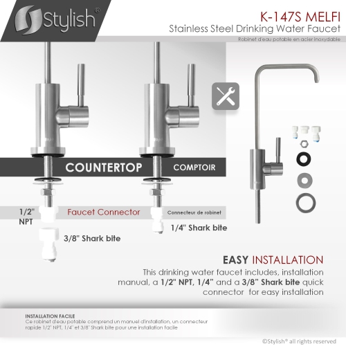 Robinet d'eau potable ÉLÉGANT évier de cuisine fini en acier inoxydable brossé K-147S