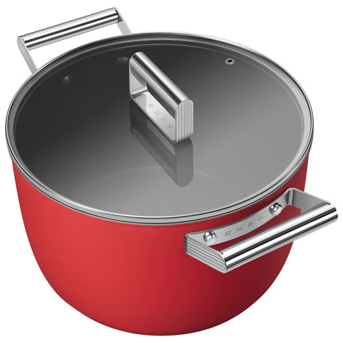 Casserole de 10 po en aluminium avec couvercle en verre de Smeg - Rouge mat