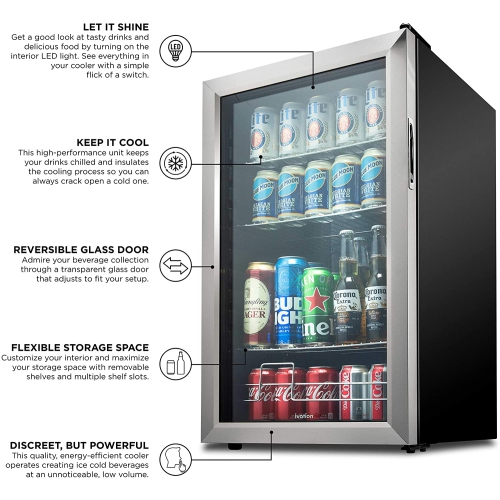 Ivation 126 Can Beverage Refrigerator | Freestanding Ultra Cool Mini Drink Fridge | Beer, Cocktails, Soda, Juice Cooler for Home & Office |