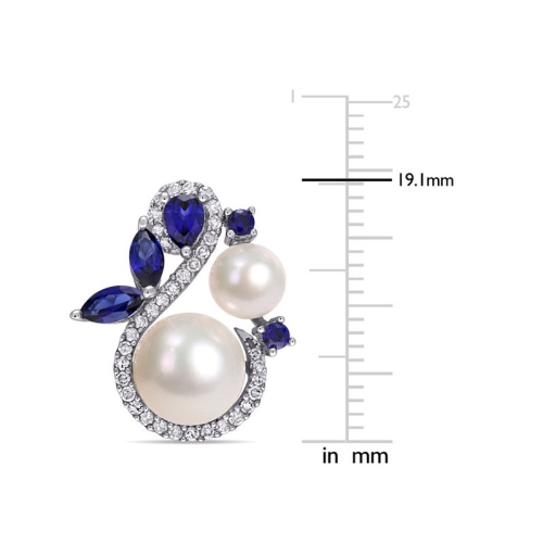 White Cultured Freshwater Pearl 5-5.5 mm and Lab-Created Sapphire Earrings in 10K White Gold with Diamonds 1/3 Carat