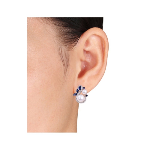 White Cultured Freshwater Pearl 5-5.5 mm and Lab-Created Sapphire Earrings in 10K White Gold with Diamonds 1/3 Carat