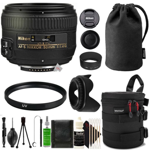 Nikon AF-S NIKKOR 50mm f/1.4G Lens + UV Filter + Tulip Lens Hood + Case + Cleaning Accessory Kit