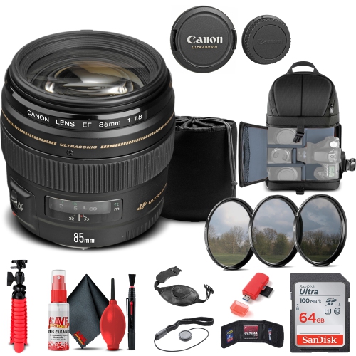 Canon EF 85mm f/1.8 USM Lens (2519A003) + Filter + BackPack + 64GB