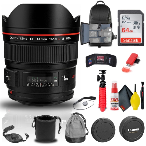 Canon EF 14mm f/2.8L II USM Lens + BackPack + 64GB Card + More