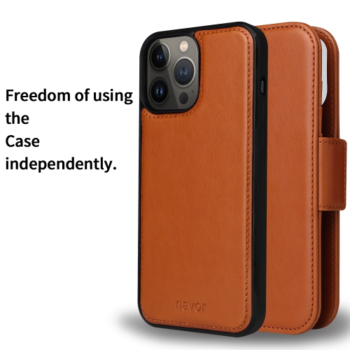 Étui portefeuille magnétique amovible de naor compatible avec iPhone 13 Pro Max [6,7 po] [folio], béquille de protection RFID - Brun