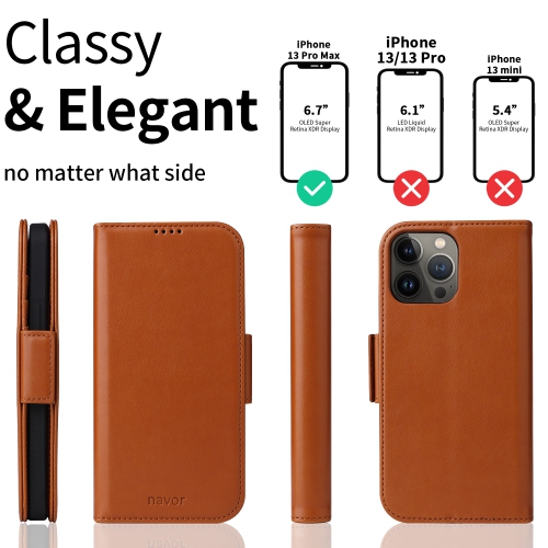 Étui portefeuille magnétique amovible de naor compatible avec iPhone 13 Pro Max [6,7 po] [folio], béquille de protection RFID - Brun