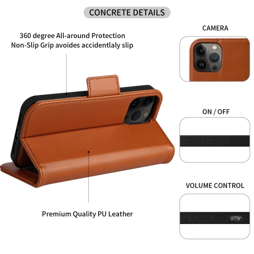 Étui portefeuille magnétique amovible de naor compatible avec iPhone 13 Pro Max [6,7 po] [folio], béquille de protection RFID - Brun