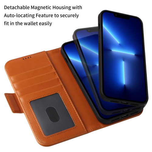 Étui portefeuille magnétique amovible de naor compatible avec iPhone 13 Pro Max [6,7 po] [folio], béquille de protection RFID - Brun