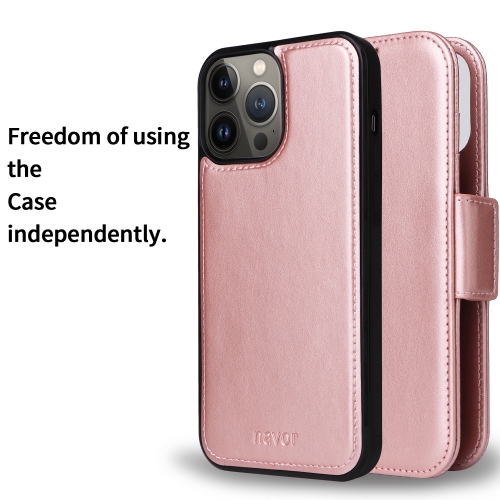 Étui portefeuille magnétique amovible de naor compatible avec iPhone 13 Pro Max [6,7 po] [folio], béquille de protection RFID - Rose doré