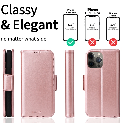 Étui portefeuille magnétique amovible de naor compatible avec iPhone 13 Pro Max [6,7 po] [folio], béquille de protection RFID - Rose doré