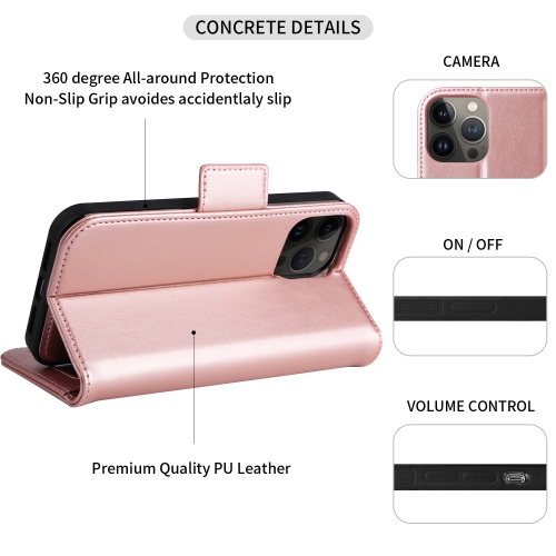 Étui portefeuille magnétique amovible de naor compatible avec iPhone 13 Pro Max [6,7 po] [folio], béquille de protection RFID - Rose doré