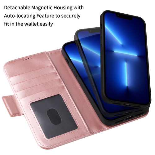 Étui portefeuille magnétique amovible de naor compatible avec iPhone 13 Pro Max [6,7 po] [folio], béquille de protection RFID - Rose doré