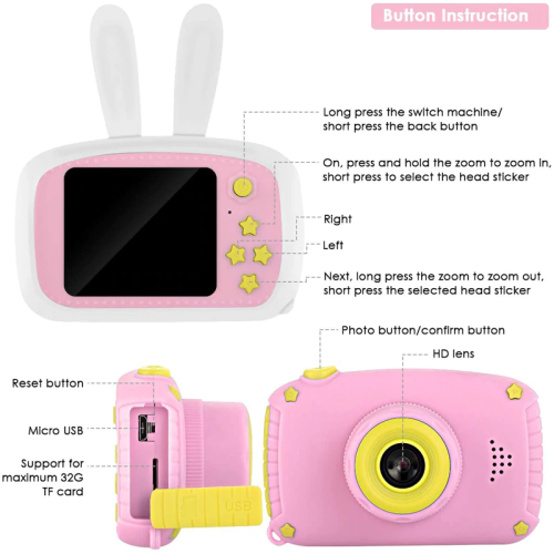 SAMA Kids Camera Pink , Digital Video Camera Cartoon Toy 8.0mp Inch Hd Screen Rechargeable Shockproof